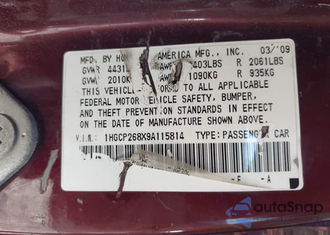 2009 Honda Accord 2.4 Ex-L from USA, damaged, VIN 1HGCP268X9A115814